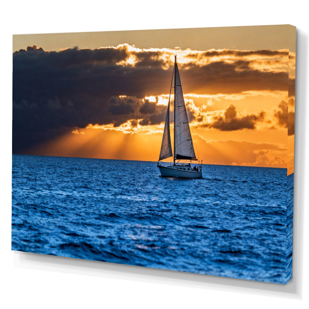 Sailing into Golden Light canvas wall art, angled canvas mockup on a white background.
