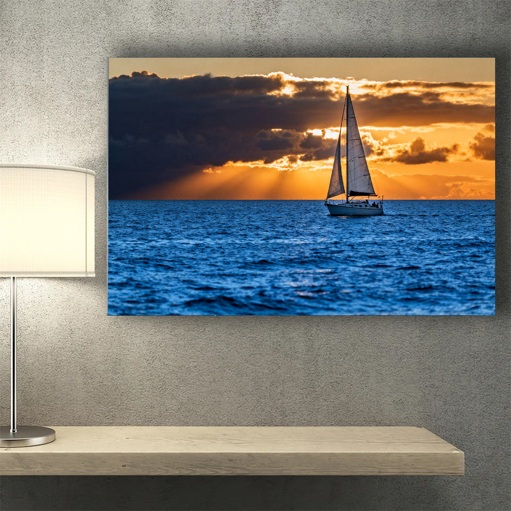 Sailing into Golden Light canvas wall art, wall mockup above a console.