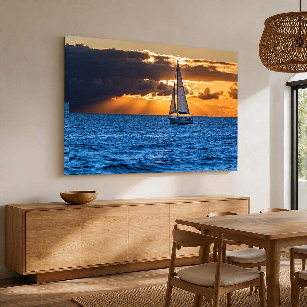 Sailing into Golden Light canvas wall art, angled mockup above a sideboard.