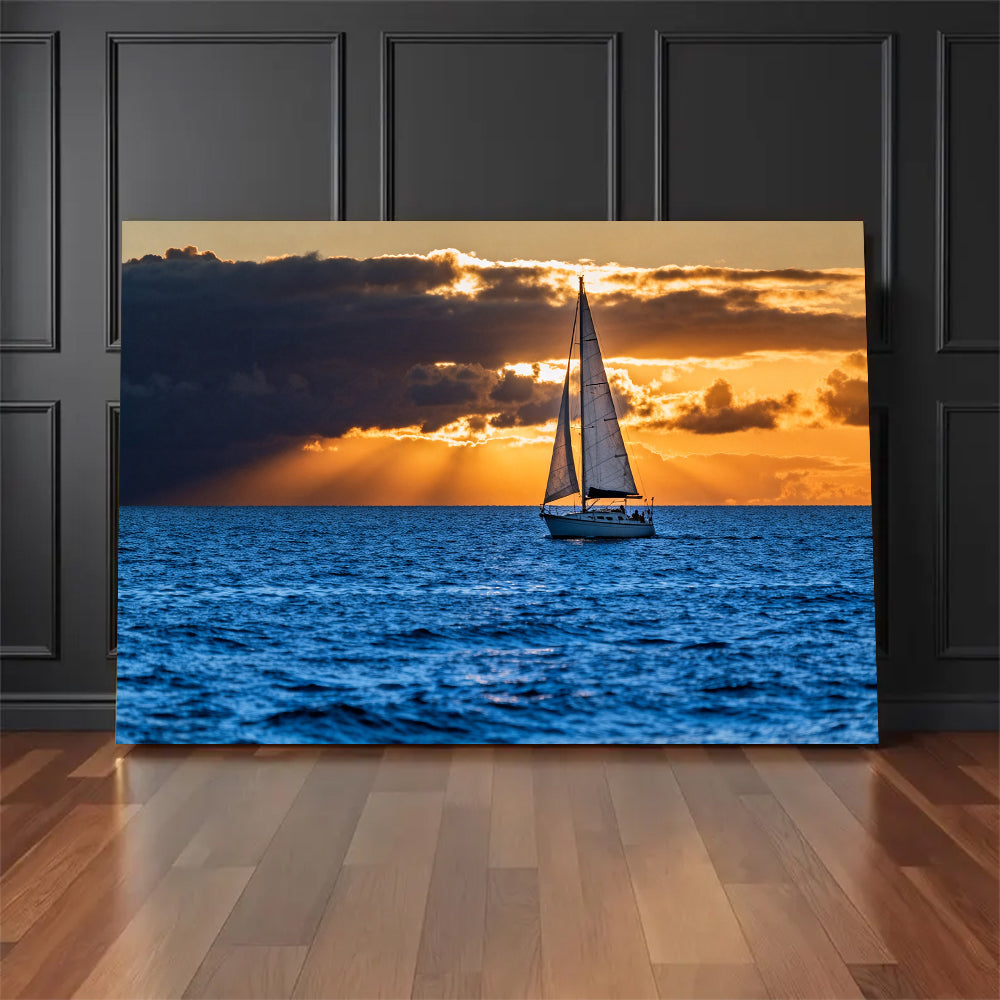 Sailing into Golden Light canvas wall art, floor display against a dark wall.