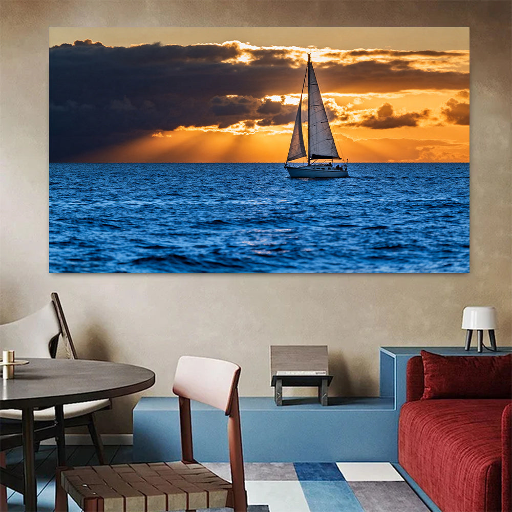 Sailing into Golden Light canvas wall art, colorful room mockup.