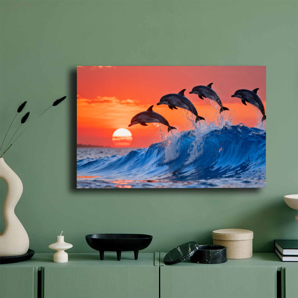 Dolphins at Sunset canvas wall art, mockup on a green wall.