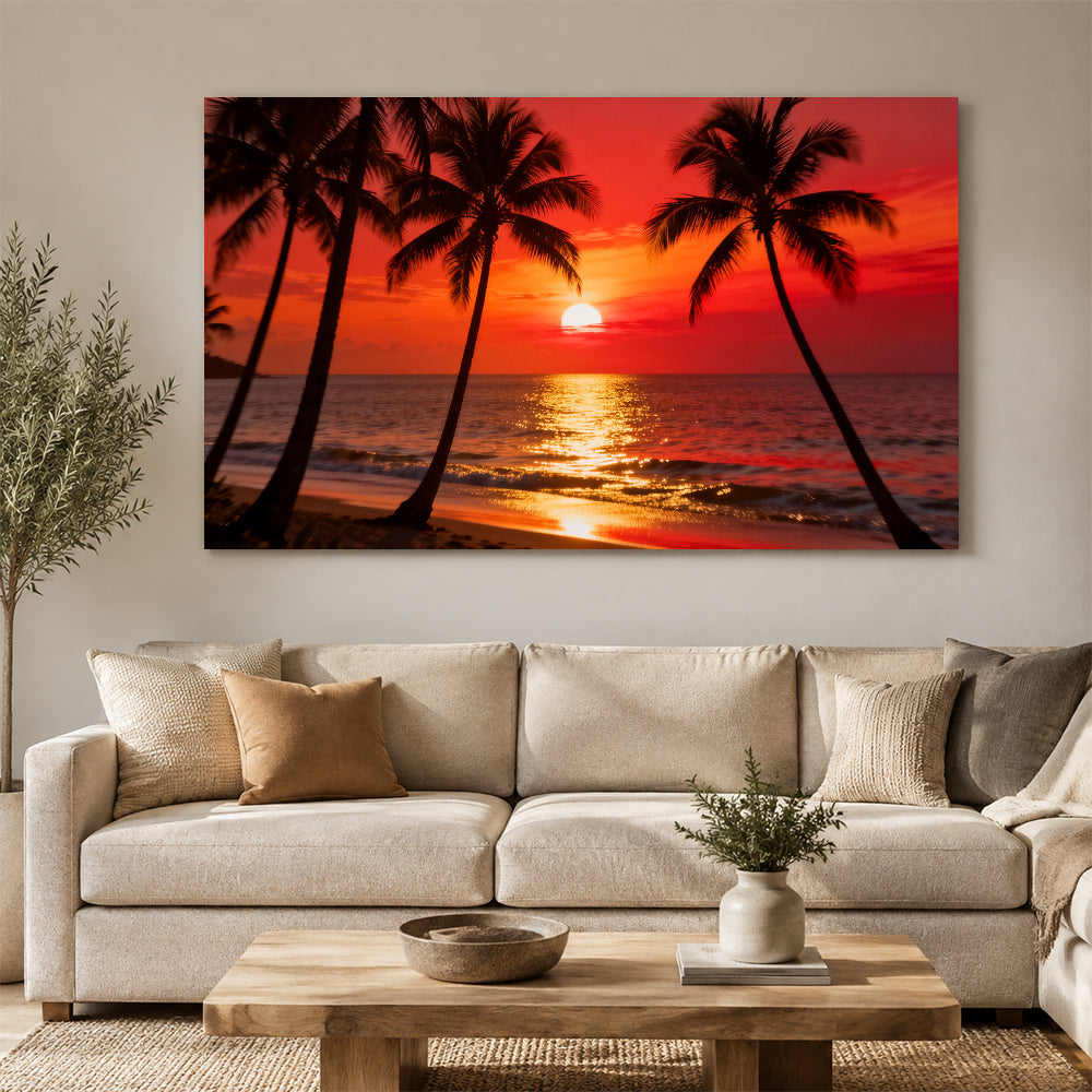 Scarlet Palm Evening canvas wall art, living room mockup above a sofa.