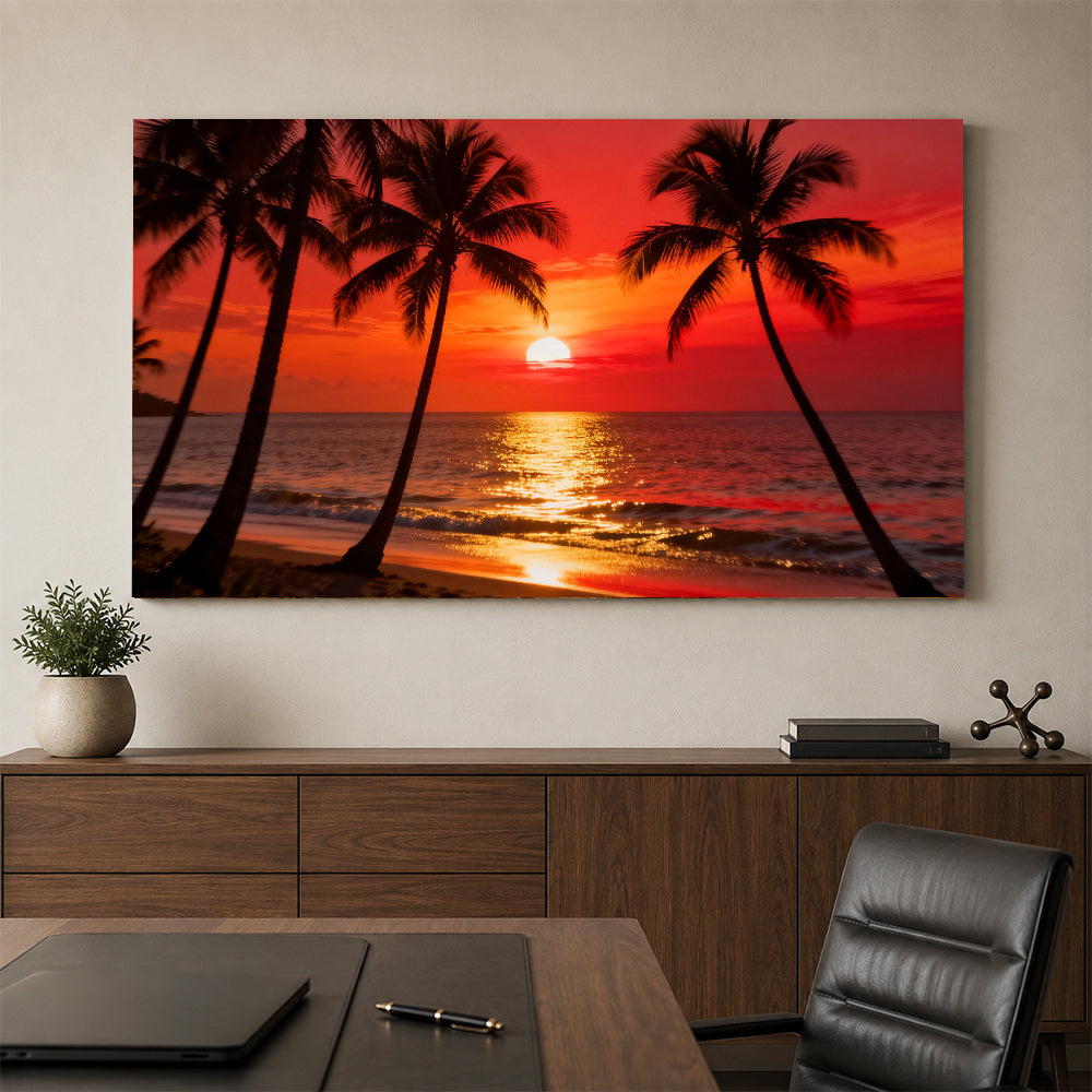 Scarlet Palm Evening canvas wall art, office mockup above a desk.