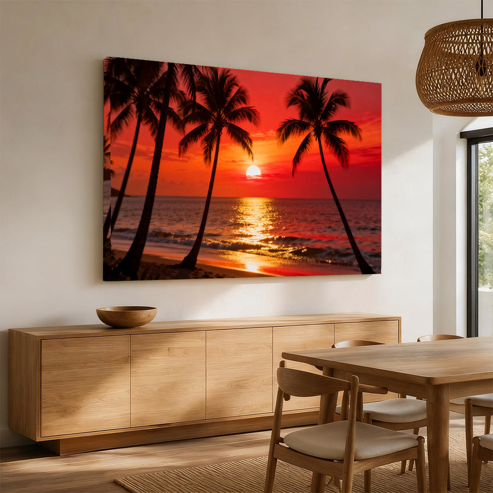 Scarlet Palm Evening canvas wall art, angled mockup above a sideboard.