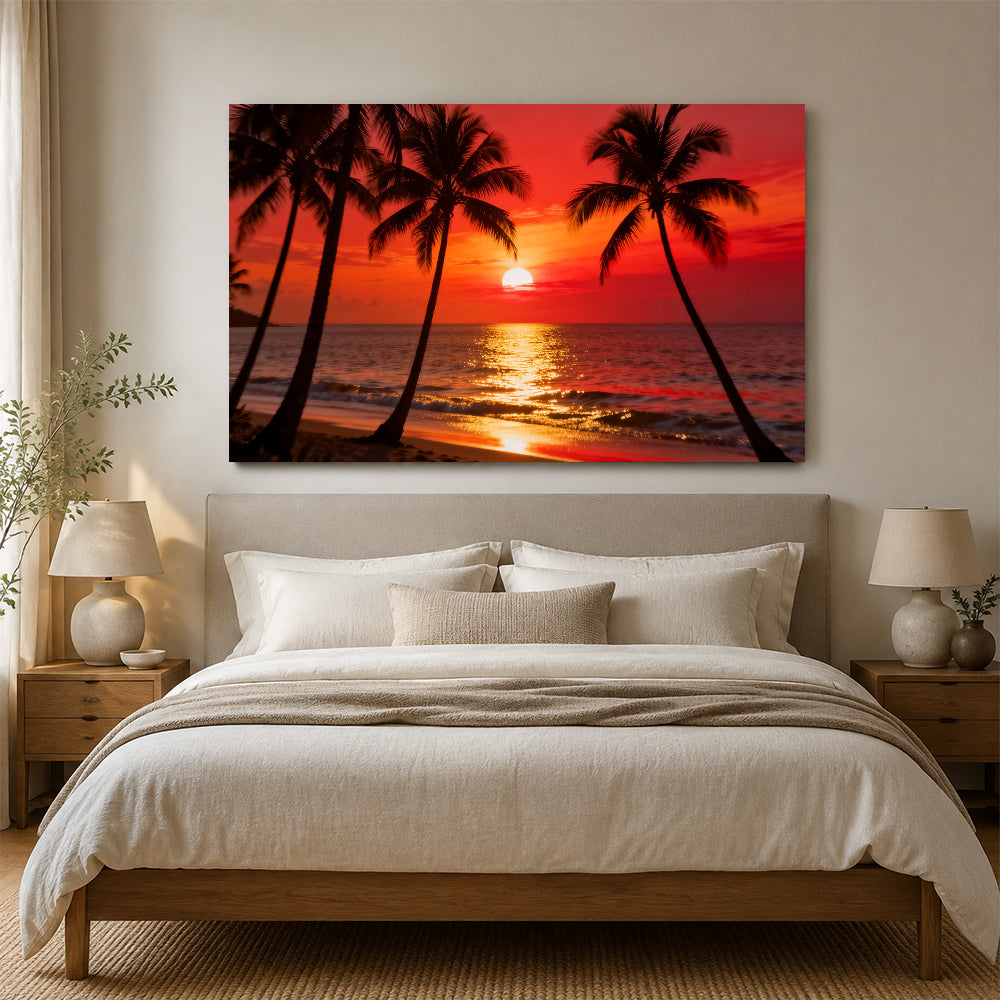 Scarlet Palm Evening canvas wall art, bedroom mockup above a bed.