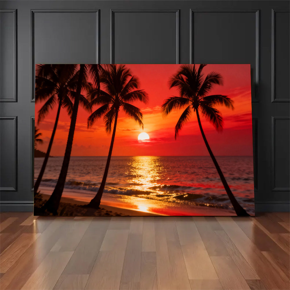 Scarlet Palm Evening canvas wall art, floor display against a dark wall.
