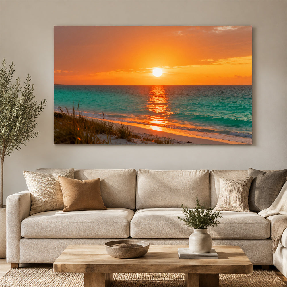 Golden Dune Sunset canvas wall art, living room mockup above a sofa.