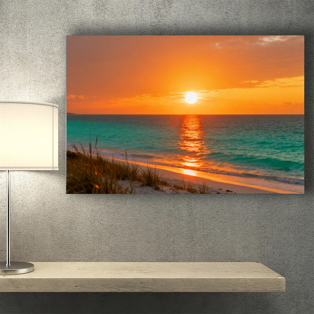 Golden Dune Sunset canvas wall art, wall mockup above a console.