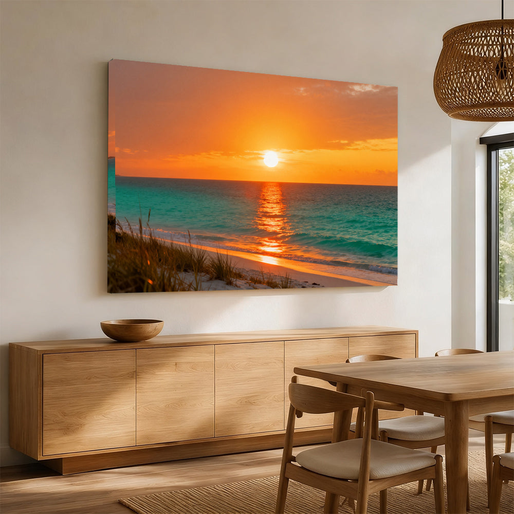 Golden Dune Sunset canvas wall art, angled mockup above a sideboard.