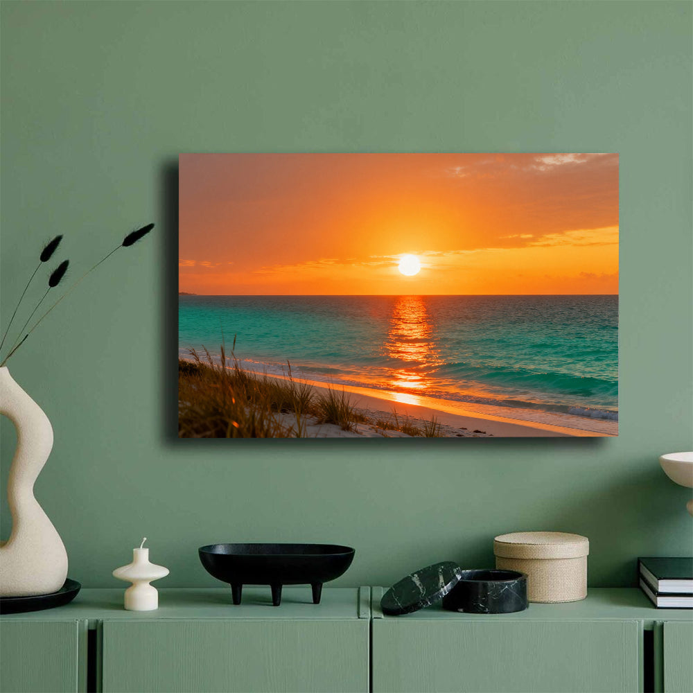 Golden Dune Sunset canvas wall art, mockup on a green wall.
