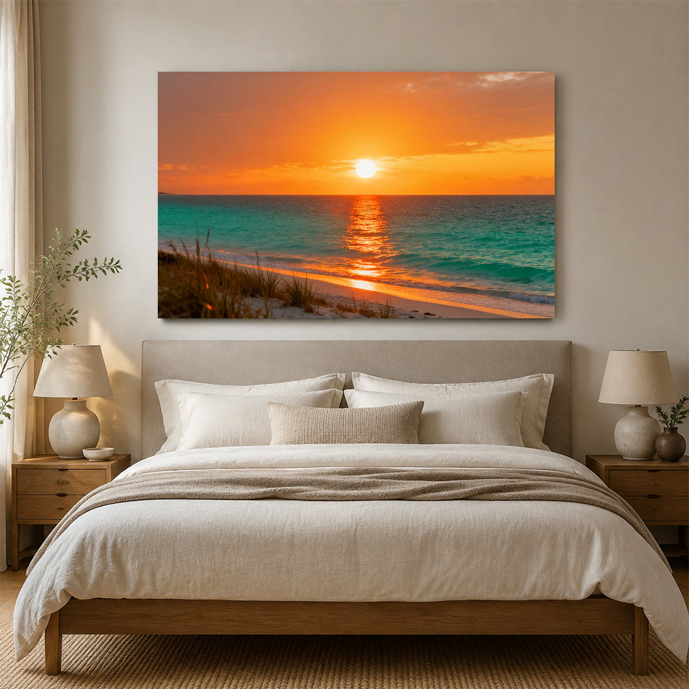 Golden Dune Sunset canvas wall art, bedroom mockup above a bed.