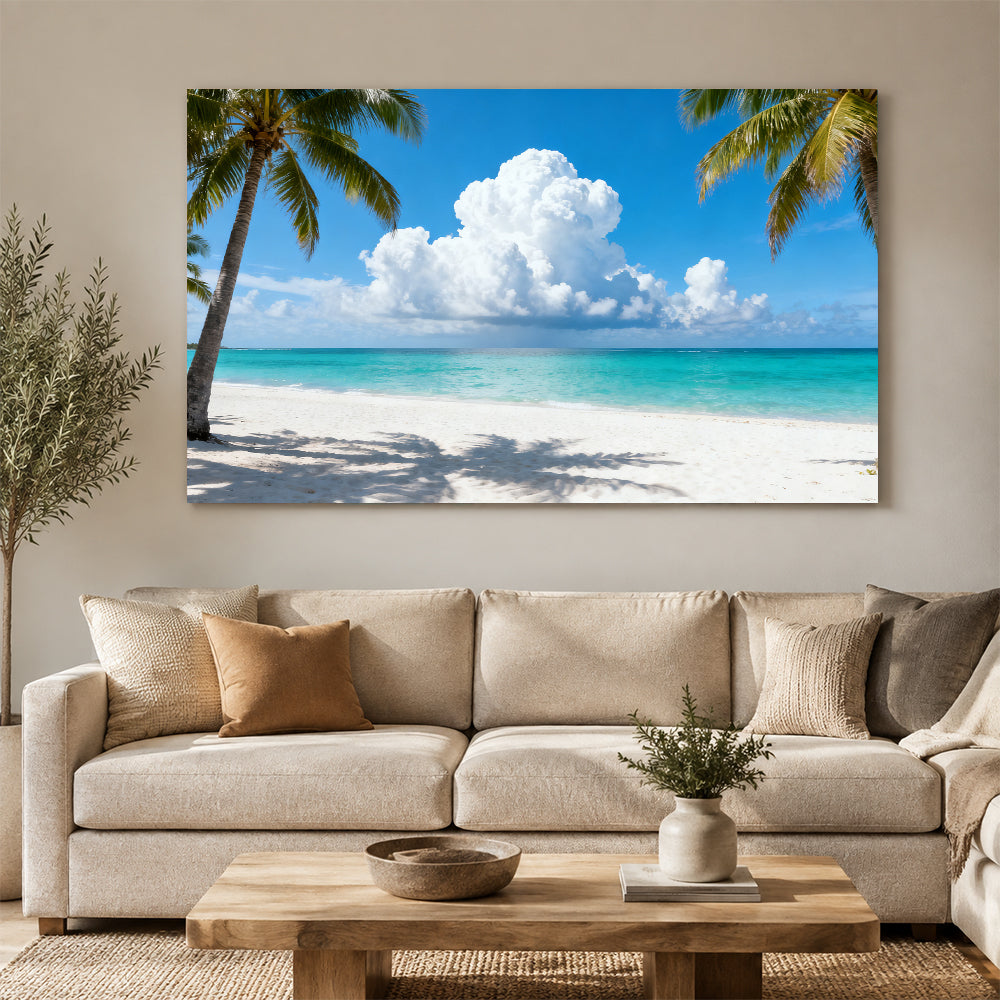 Palm Framed Blue Horizon canvas wall art, living room mockup above a sofa.