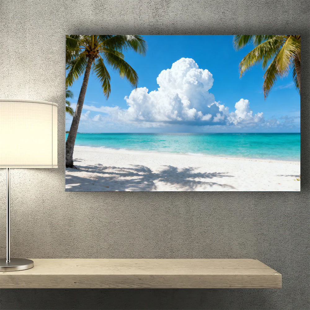 Palm Framed Blue Horizon canvas wall art, wall mockup above a console.