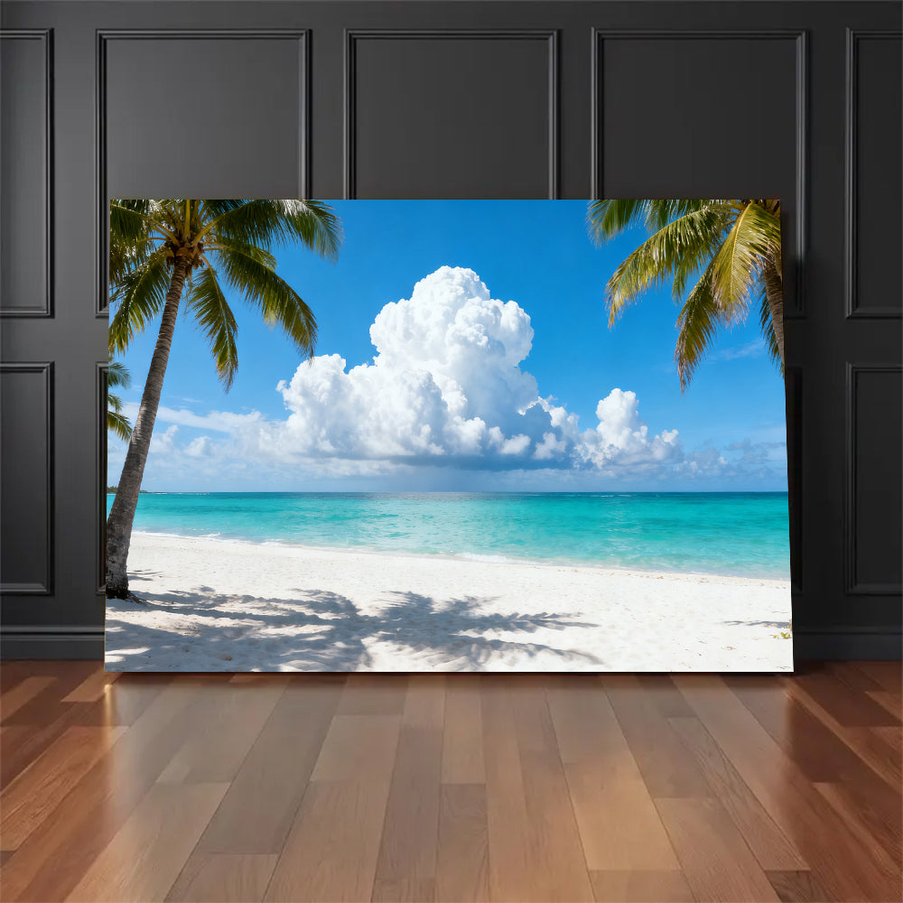 Palm Framed Blue Horizon canvas wall art, floor display against a dark wall.