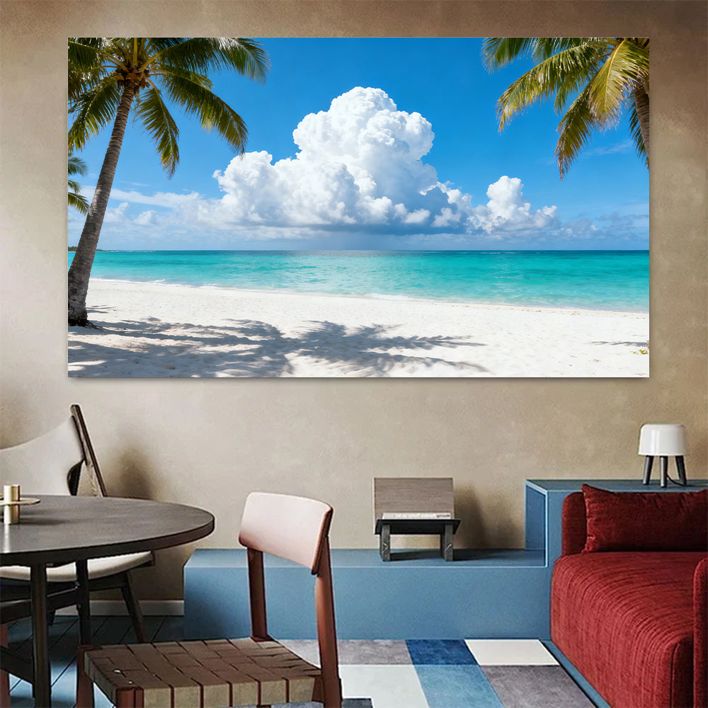 Palm Framed Blue Horizon canvas wall art, colorful room mockup.
