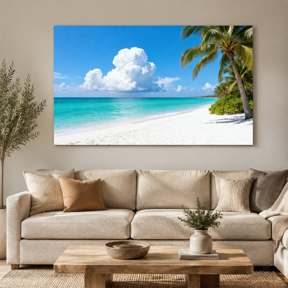 Clouds over Palm Beach canvas wall art, living room mockup above a sofa.