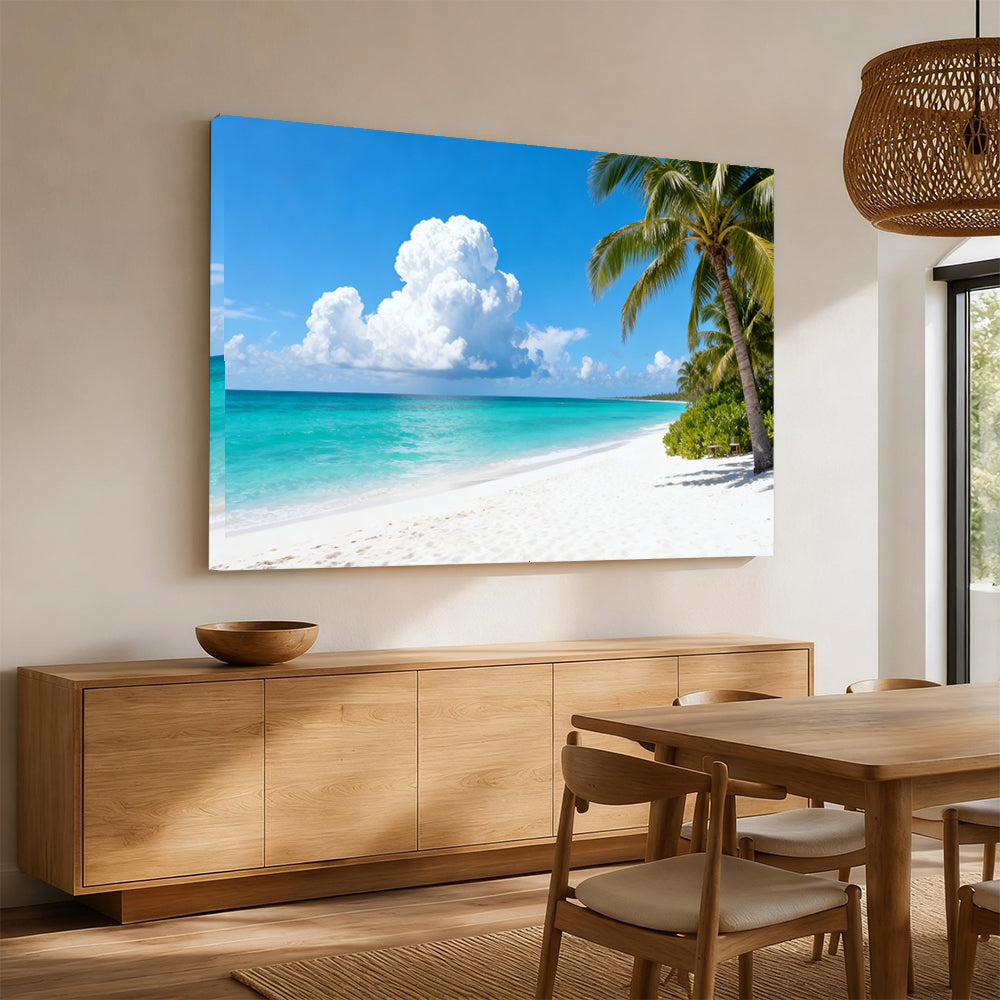 Clouds over Palm Beach canvas wall art, angled mockup above a sideboard.