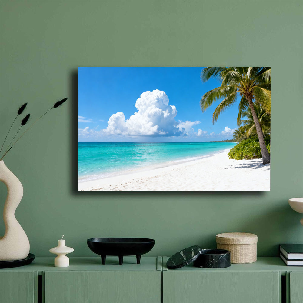 Clouds over Palm Beach canvas wall art, mockup on a green wall.