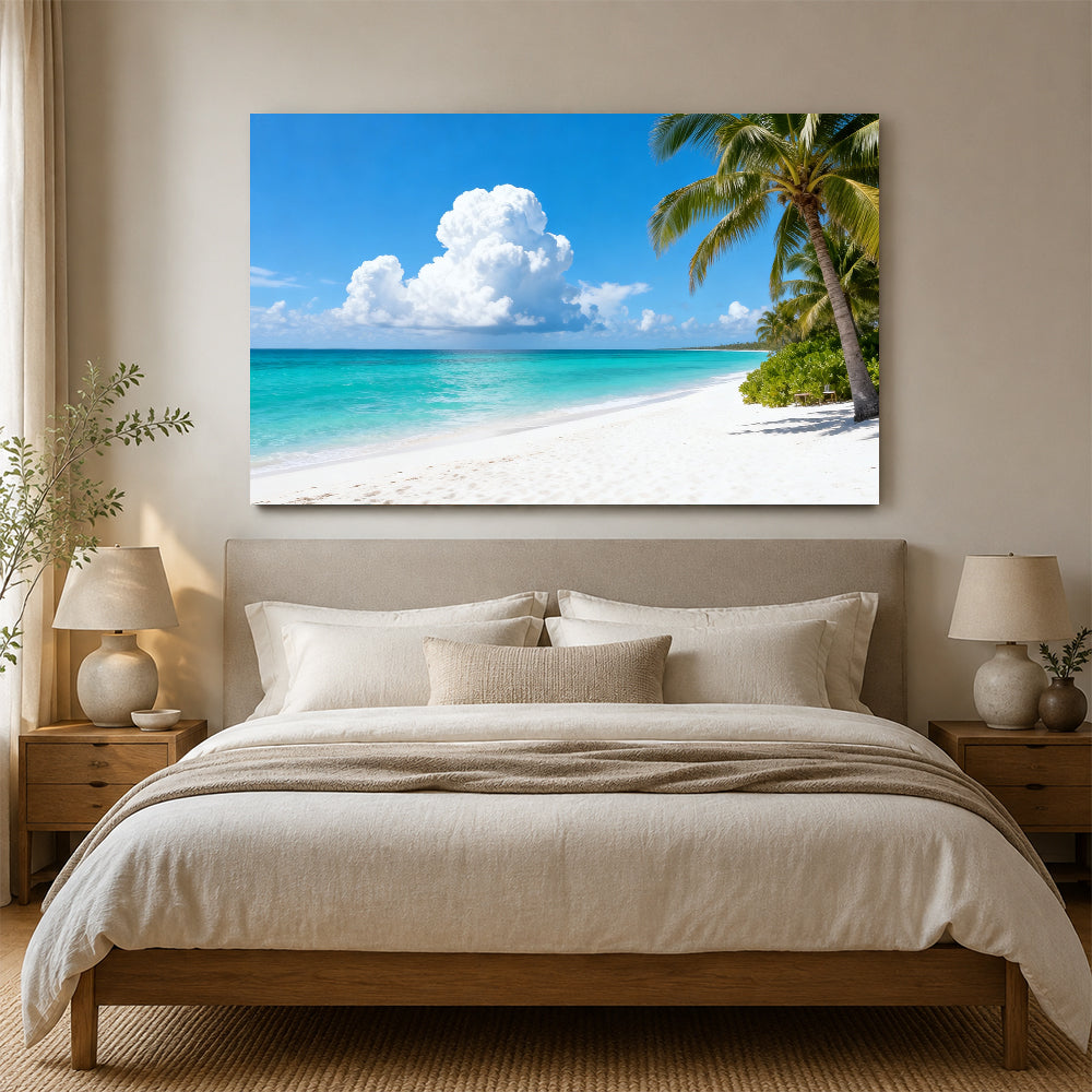 Clouds over Palm Beach canvas wall art, bedroom mockup above a bed.