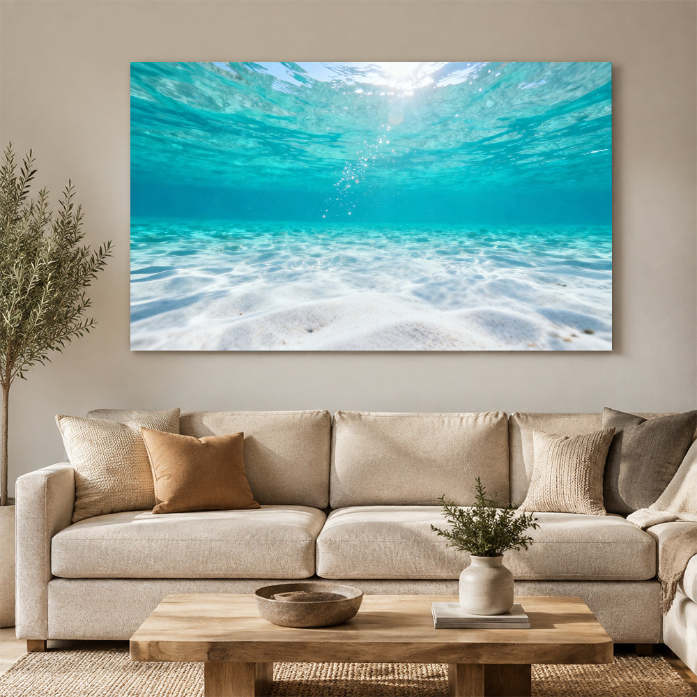 Underwater Sunlit Sand canvas wall art, living room mockup above a sofa.