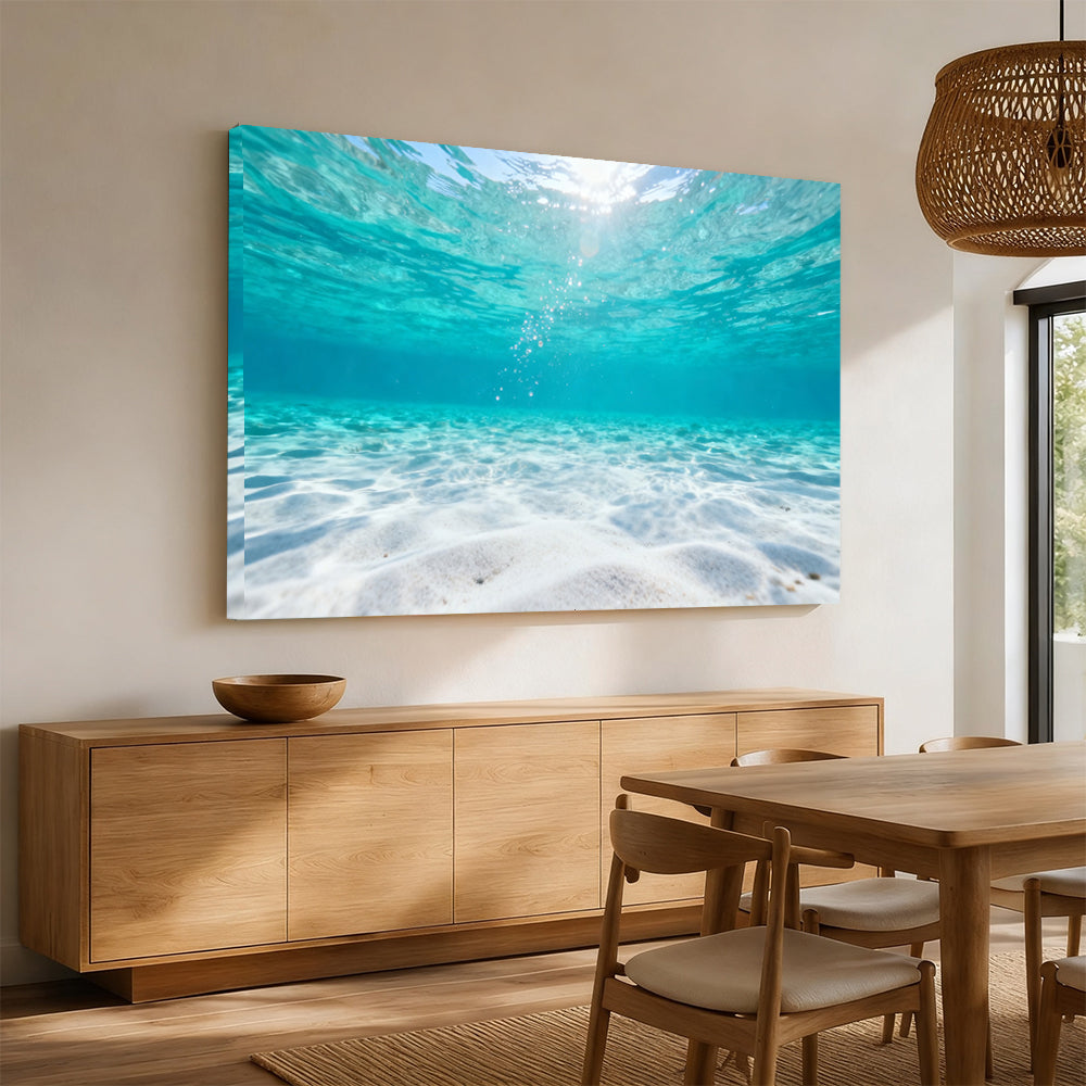 Underwater Sunlit Sand canvas wall art, angled mockup above a sideboard.