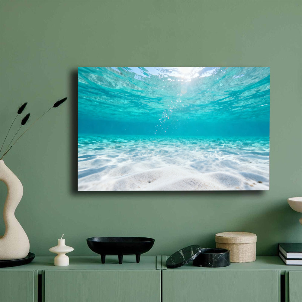 Underwater Sunlit Sand canvas wall art, mockup on a green wall.