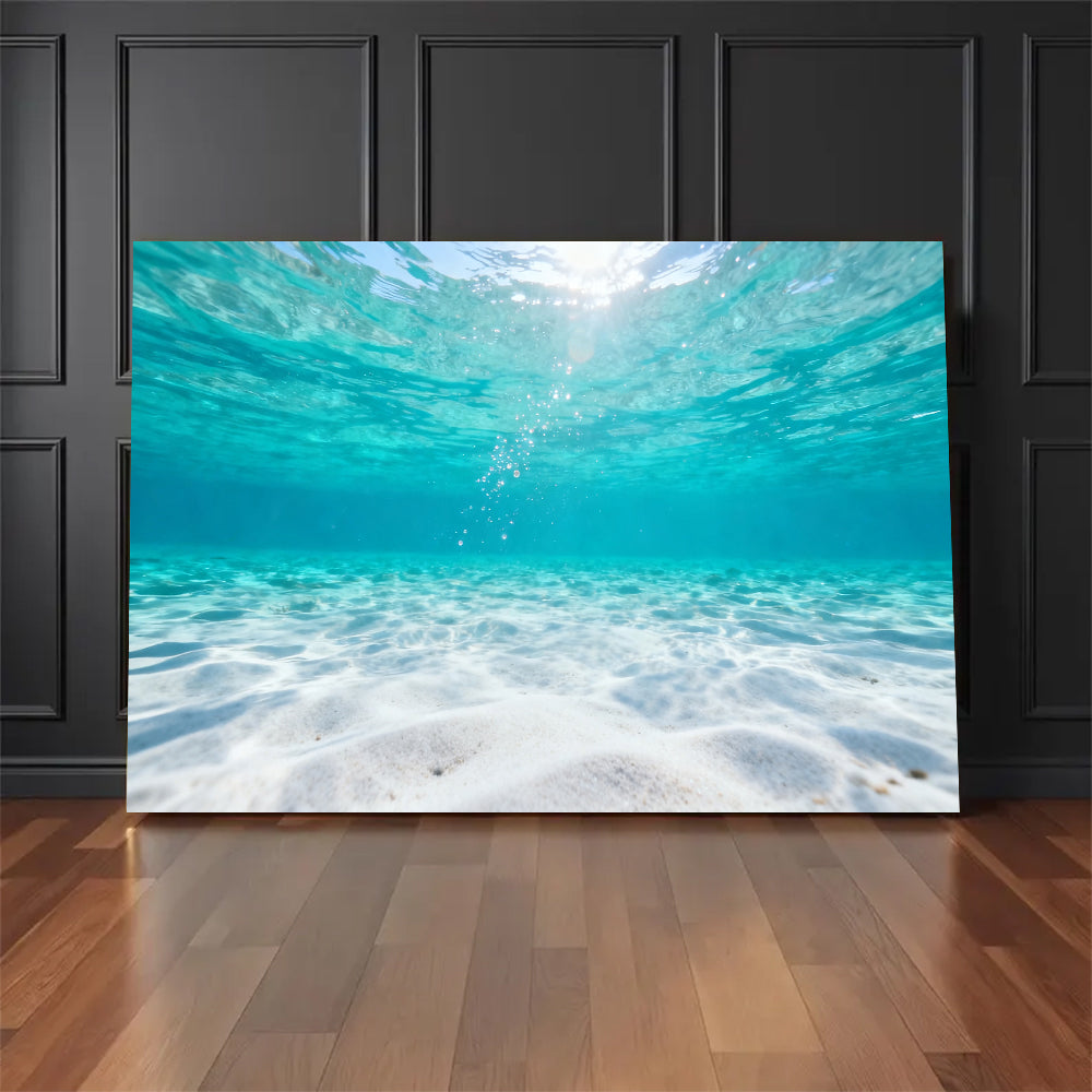 Underwater Sunlit Sand canvas wall art, floor display against a dark wall.