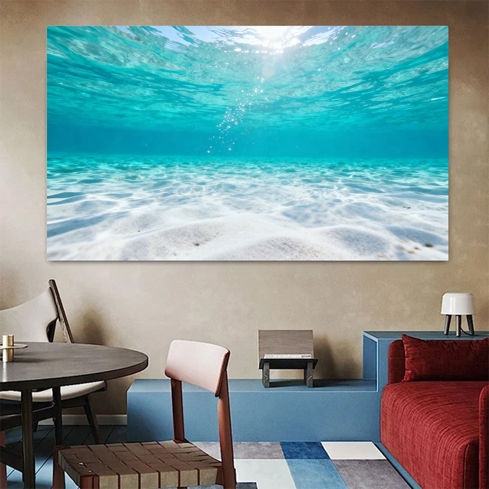 Underwater Sunlit Sand canvas wall art, colorful room mockup.