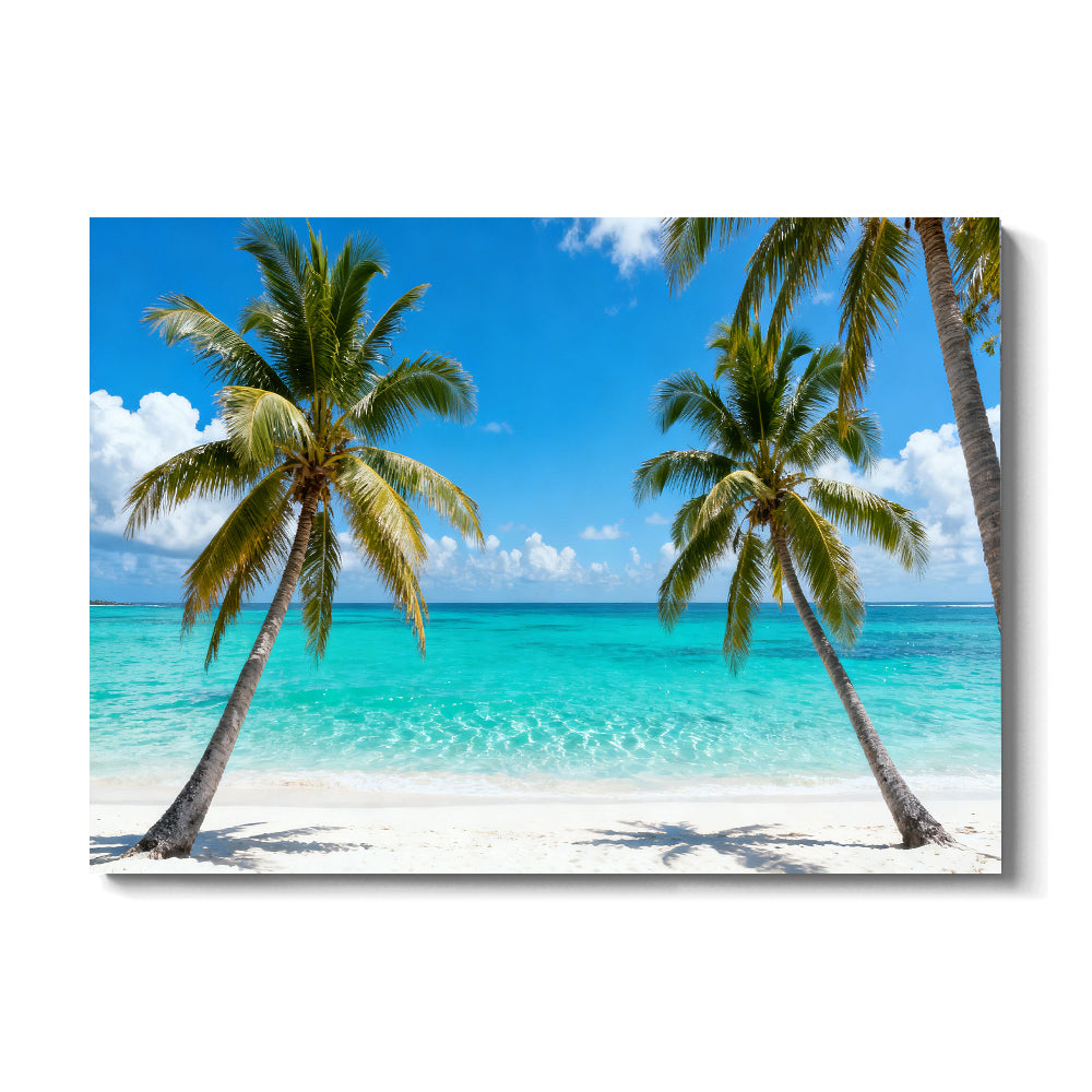 Twin Palms by the Sea canvas wall art, front view on a white background.
