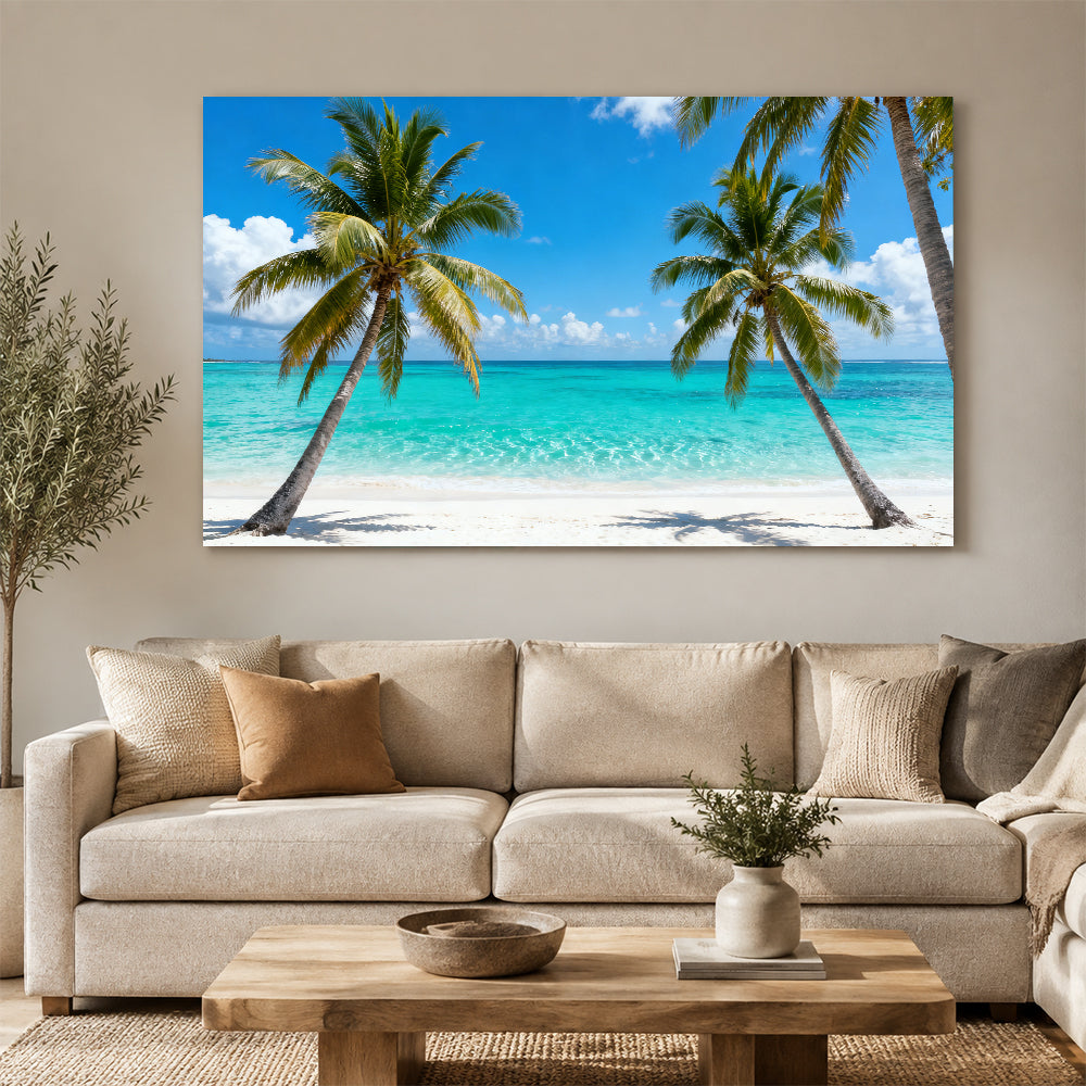 Twin Palms by the Sea canvas wall art, living room mockup above a sofa.