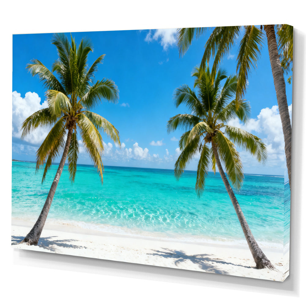 Twin Palms by the Sea canvas wall art, angled canvas mockup on a white background.