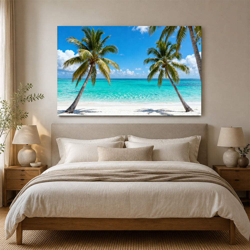 Twin Palms by the Sea canvas wall art, bedroom mockup above a bed.