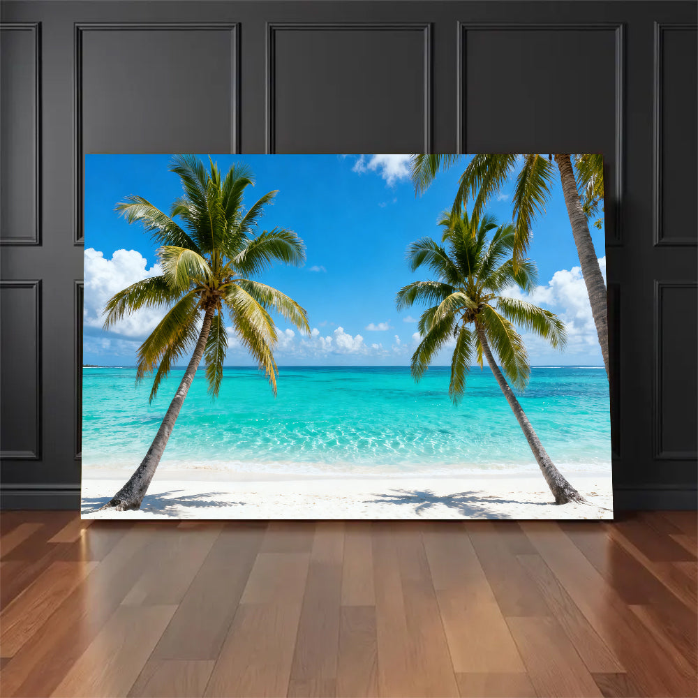 Twin Palms by the Sea canvas wall art, floor display against a dark wall.