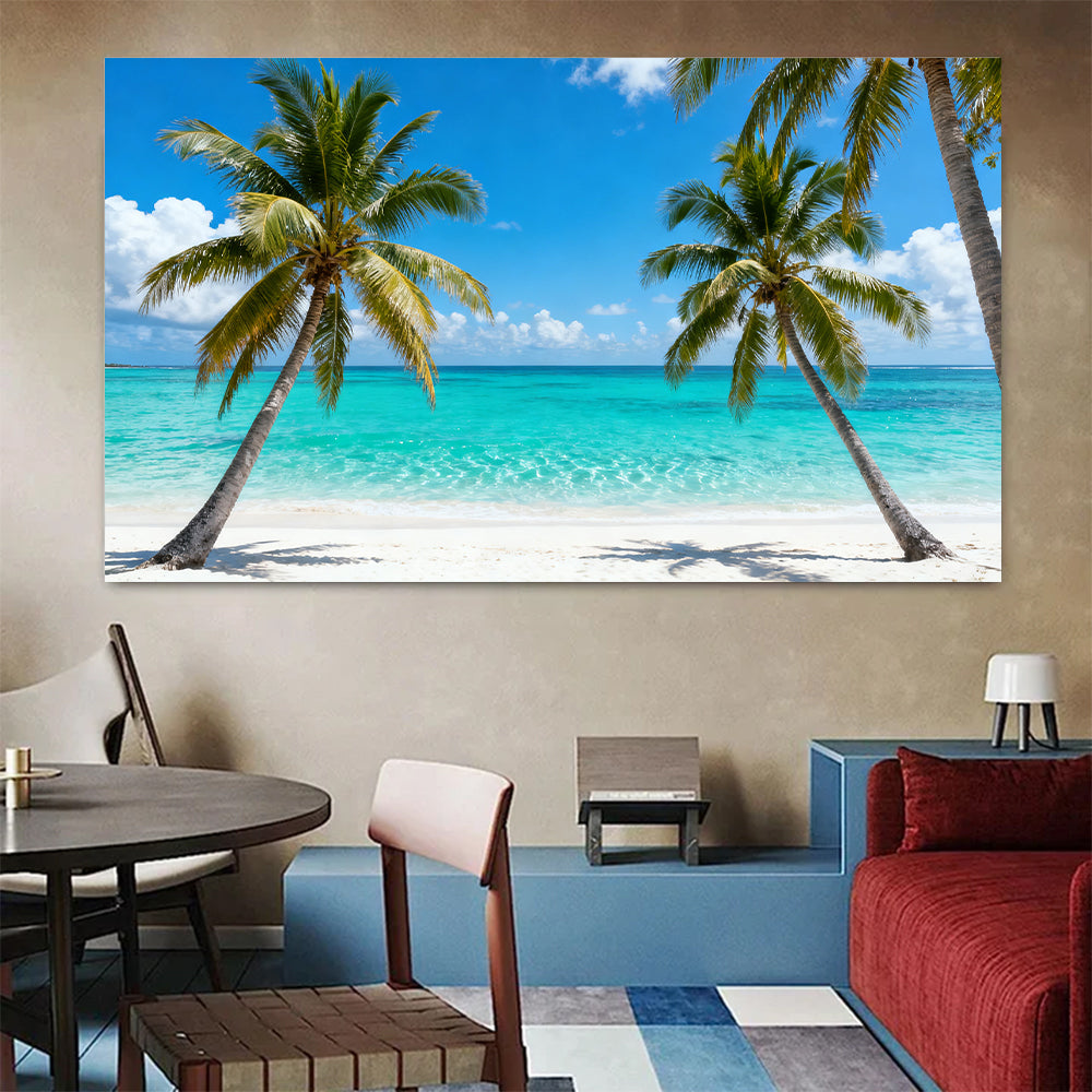 Twin Palms by the Sea canvas wall art, colorful room mockup.