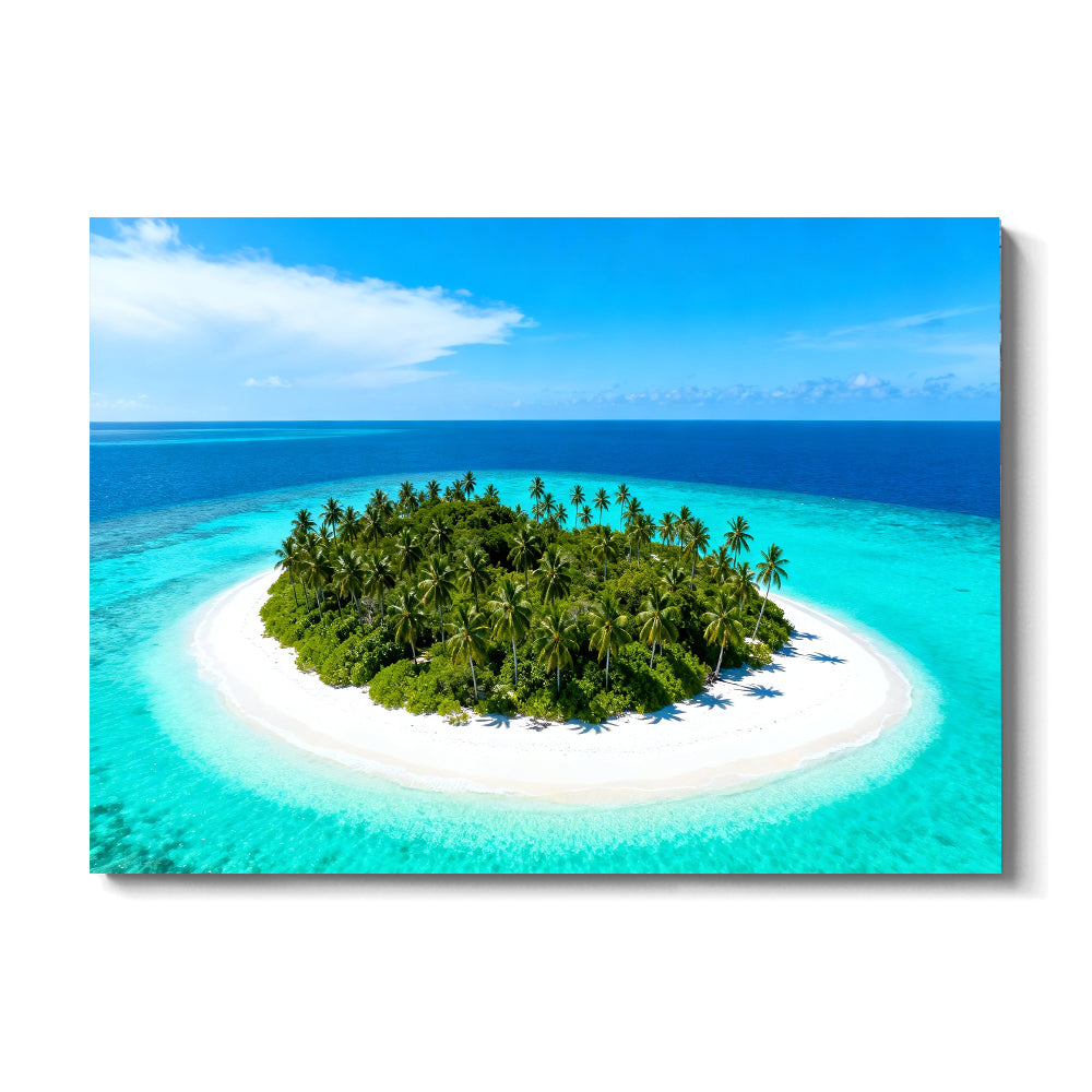 Tiny Tropical Island canvas wall art, front view on a white background.