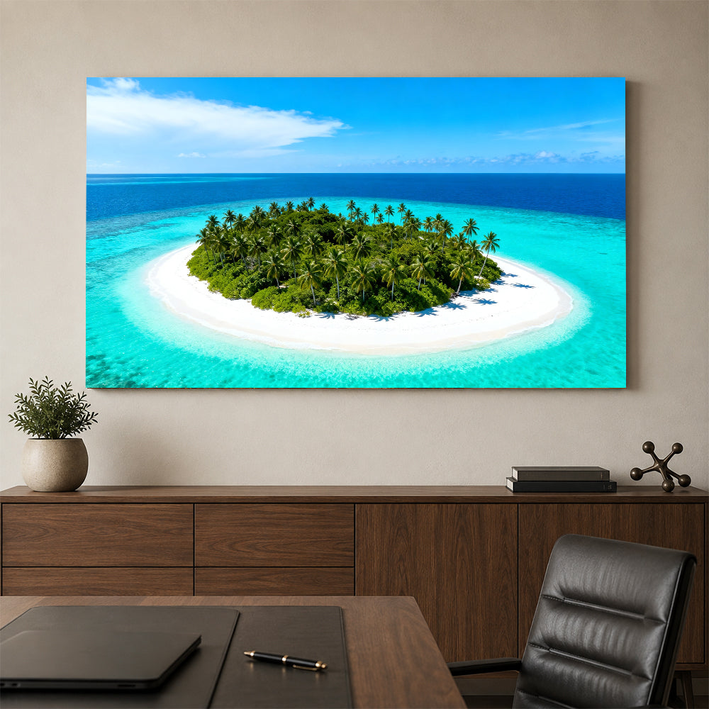 Tiny Tropical Island canvas wall art, office mockup above a desk.