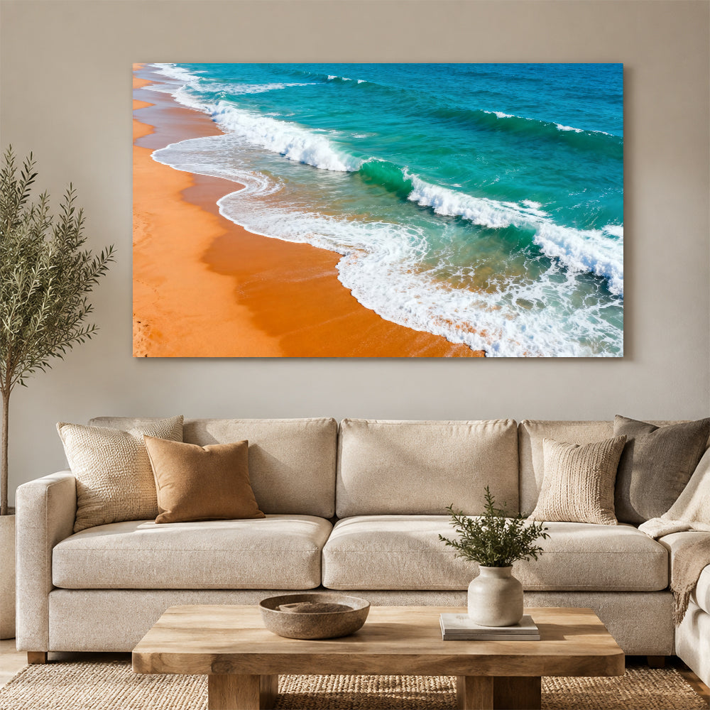 Amber Beach White Surf canvas wall art, living room mockup above a sofa.