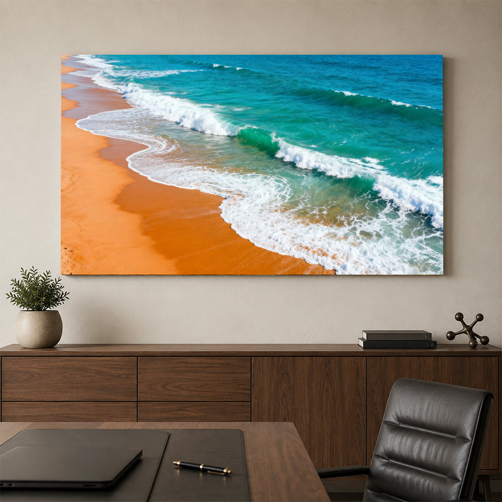 Amber Beach White Surf canvas wall art, office mockup above a desk.