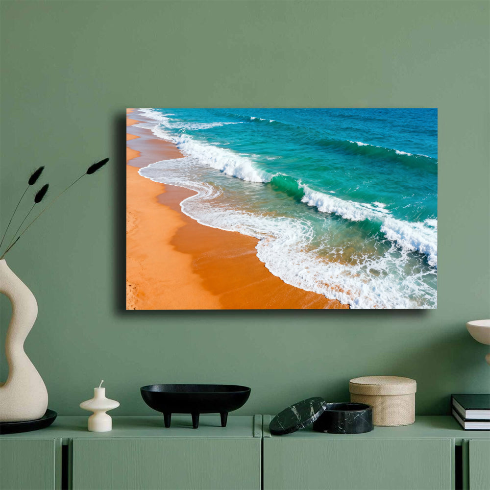 Amber Beach White Surf canvas wall art, mockup on a green wall.