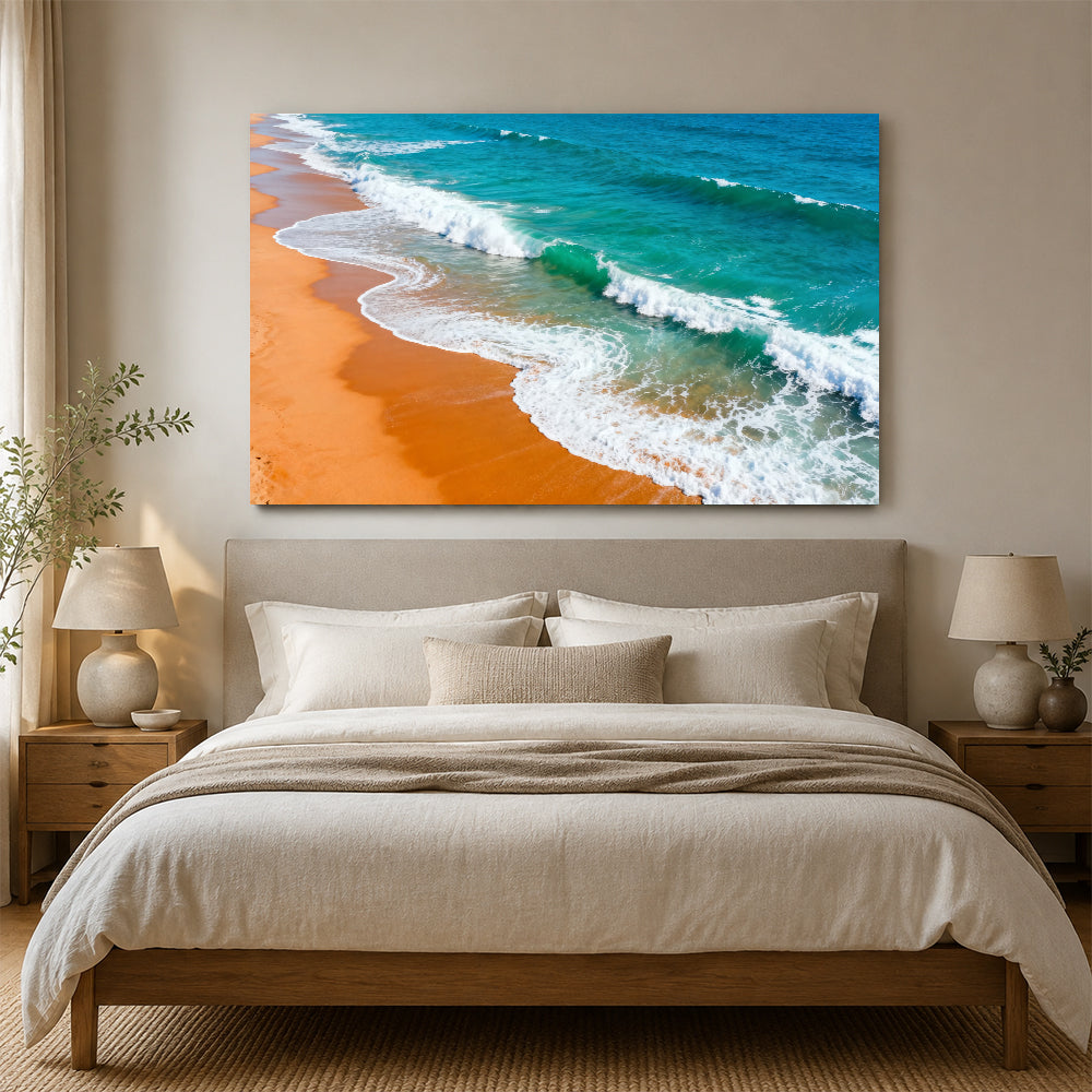 Amber Beach White Surf canvas wall art, bedroom mockup above a bed.