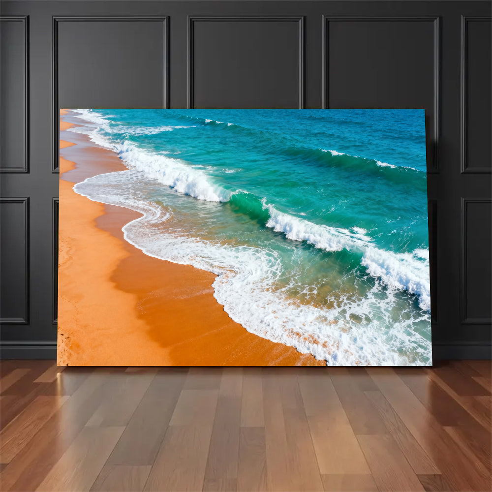 Amber Beach White Surf canvas wall art, floor display against a dark wall.
