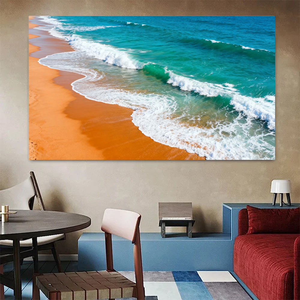 Amber Beach White Surf canvas wall art, colorful room mockup.