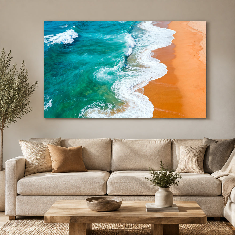 Turquoise Surf Patterns canvas wall art, living room mockup above a sofa.