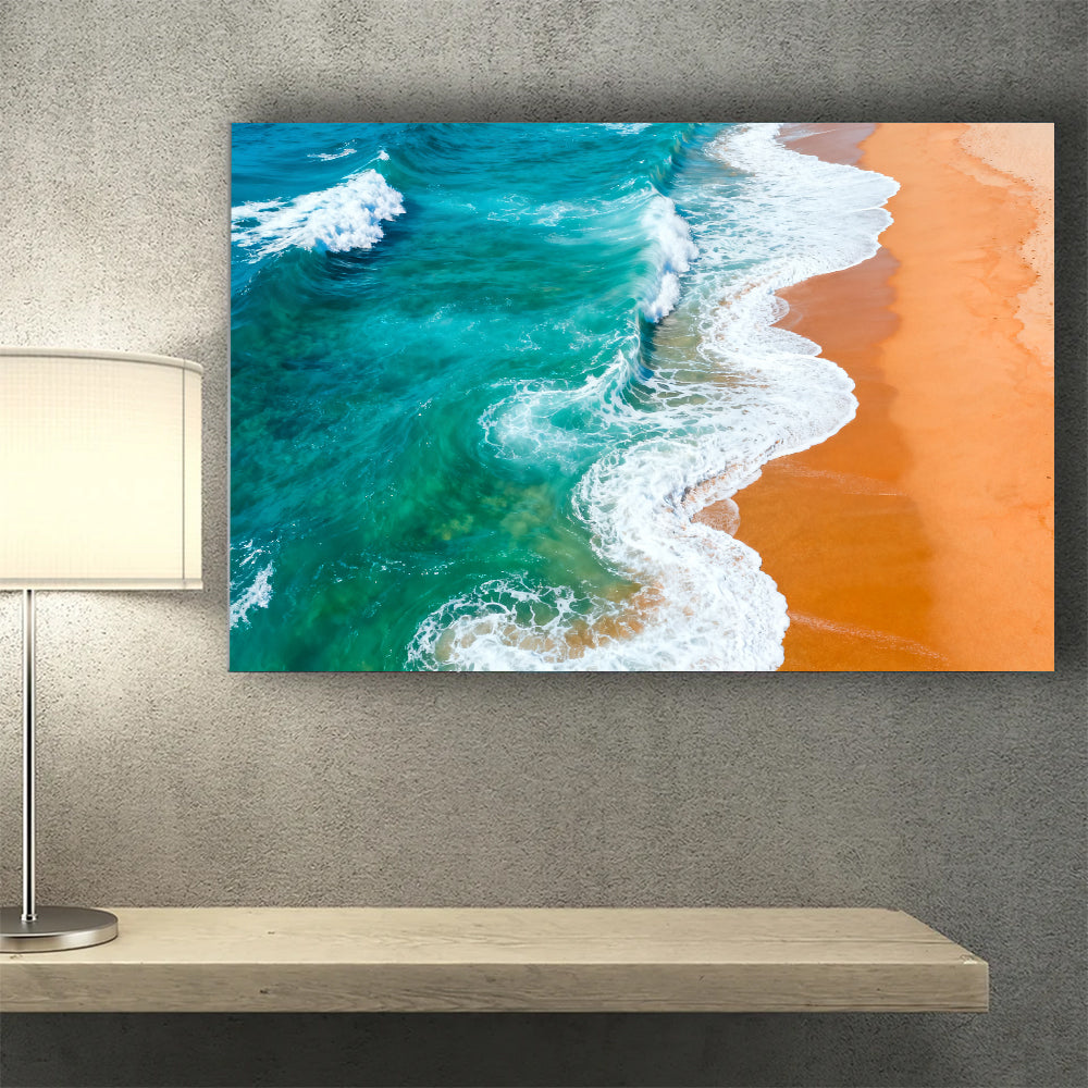 Turquoise Surf Patterns canvas wall art, wall mockup above a console.