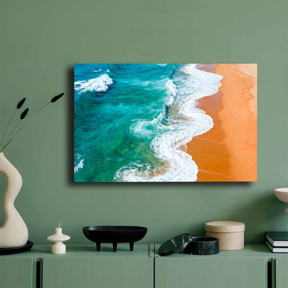 Turquoise Surf Patterns canvas wall art, mockup on a green wall.