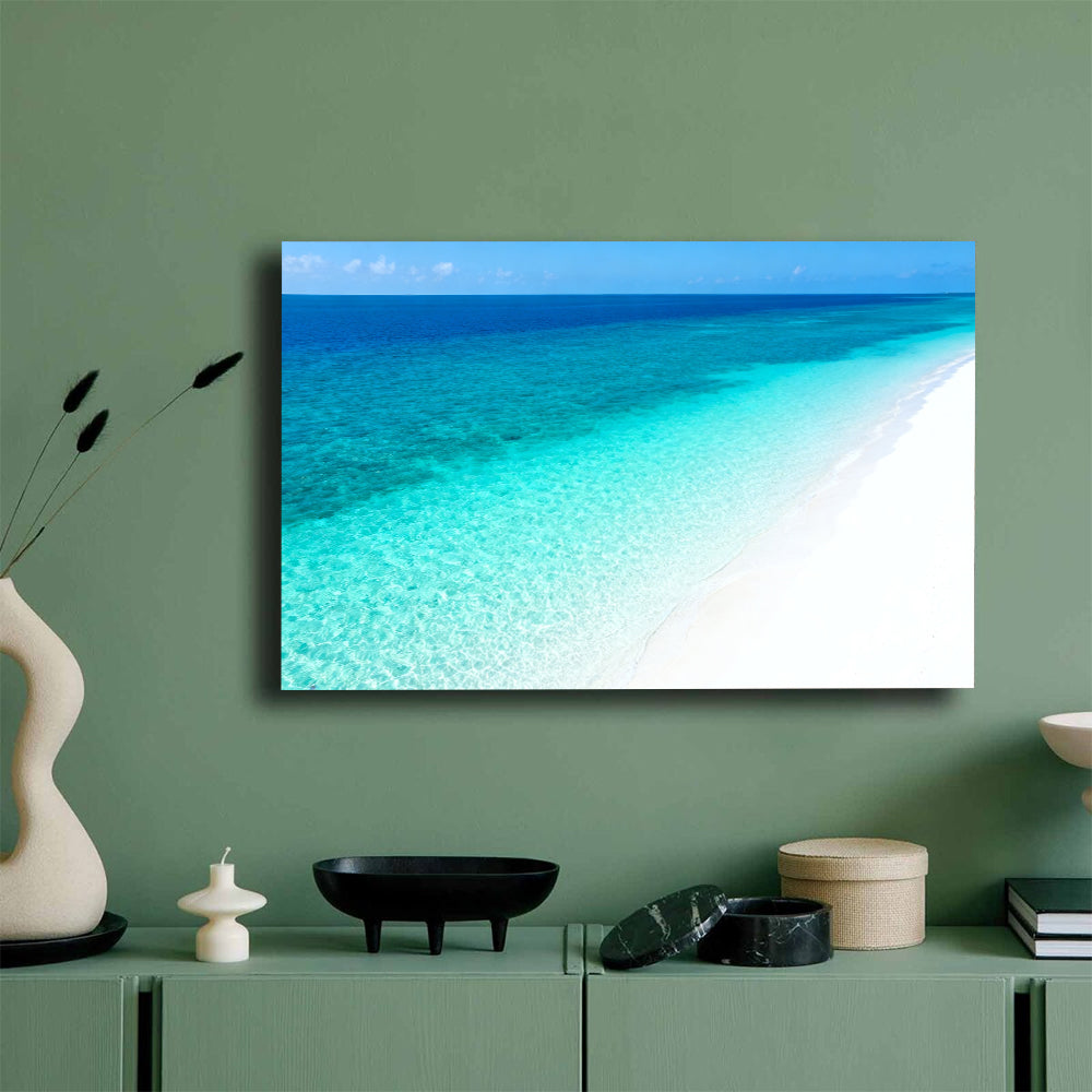 Clear Blue Sandbank canvas wall art, mockup on a green wall.