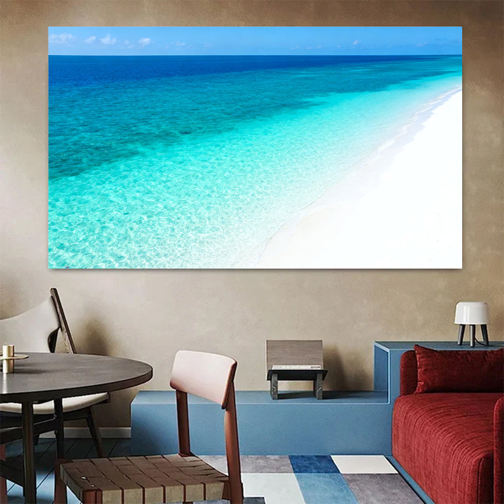 Clear Blue Sandbank canvas wall art, colorful room mockup.