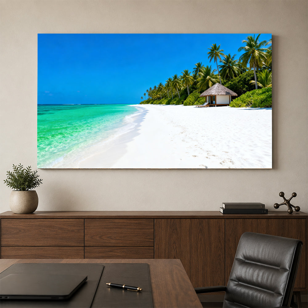 Palm Beach Shelter canvas wall art, office mockup above a desk.