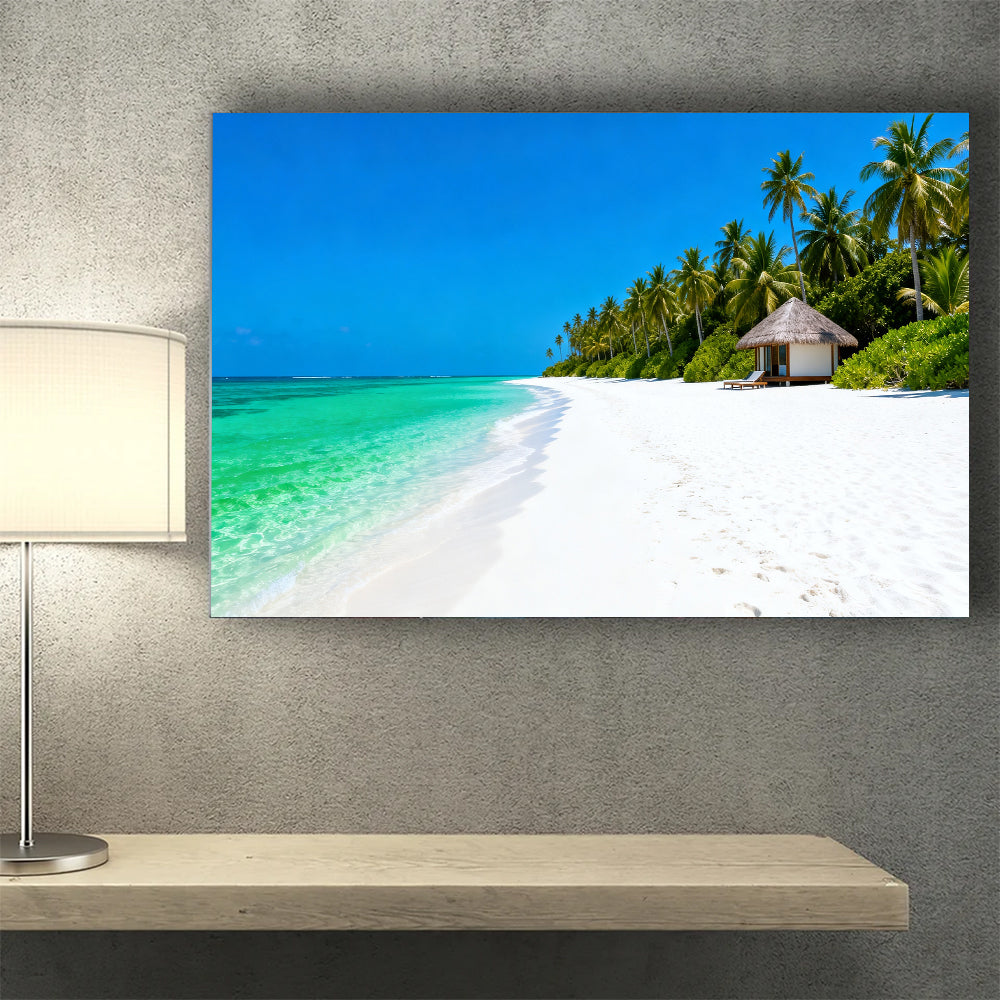 Palm Beach Shelter canvas wall art, wall mockup above a console.